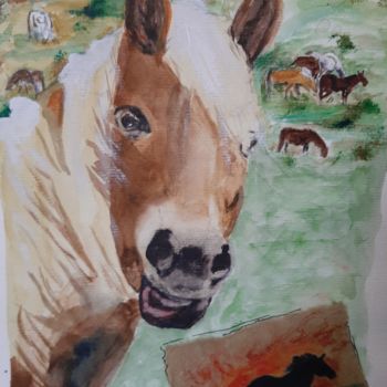 Painting titled "Chevaux dans les pâ…" by Jocelyne Larralde, Original Artwork, Watercolor