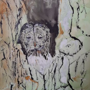 Peinture intitulée "Le hibou dans son a…" par Jocelyne Larralde, Œuvre d'art originale, Aquarelle