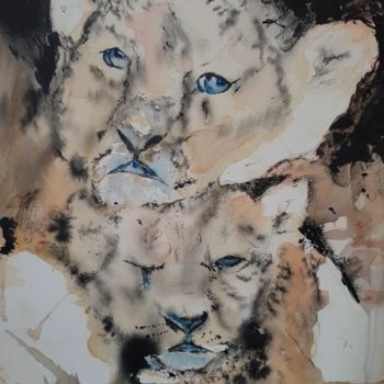 Pintura intitulada "Lionceaux" por Jocelyne Larralde, Obras de arte originais, Aquarela