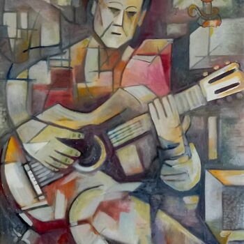 Painting titled "Guitarrista" by Jorge Manuel Santos, Original Artwork, Oil Mounted on Wood Stretcher frame