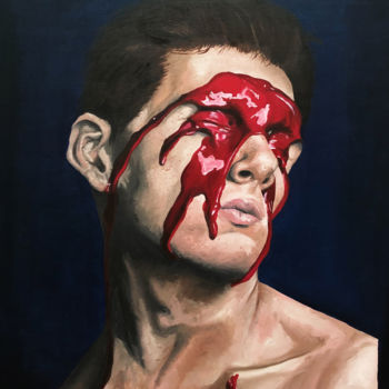 Pittura intitolato "Red paint over male…" da Eduardo Montejo, Opera d'arte originale, Olio