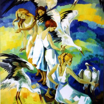 Painting titled "Le retour des cigog…" by Jori Duran, Original Artwork, Oil