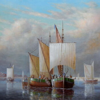 Peinture intitulée ""drying the sails."" par Jos Kivits, Œuvre d'art originale, Huile