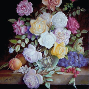 Schilderij getiteld ""Roses from my gard…" door Jos Kivits, Origineel Kunstwerk, Olie