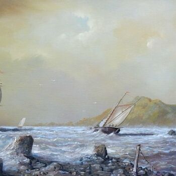 Painting titled ""Entering a harbour…" by Jos Kivits, Original Artwork, Oil