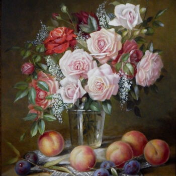 Peinture intitulée ""Roses in glass vas…" par Jos Kivits, Œuvre d'art originale, Huile