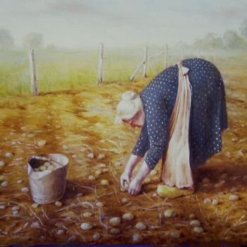 Painting titled "Old woman in a pota…" by Jos Kivits, Original Artwork, Oil Mounted on Wood Panel