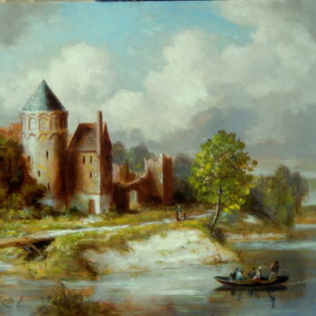 Painting titled "landscape with a ru…" by Jos Kivits, Original Artwork, Oil Mounted on Wood Panel