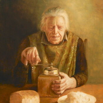 Painting titled "Old lady grinding c…" by Jos Kivits, Original Artwork, Oil Mounted on Wood Panel