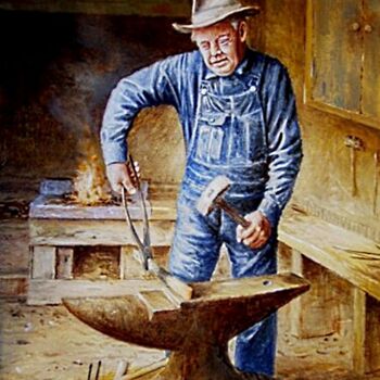 "Old blacksmith in h…" başlıklı Tablo Jos Kivits tarafından, Orijinal sanat, Petrol Ahşap panel üzerine monte edilmiş
