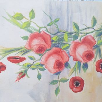 Painting titled "Rosas y amapolas" by José Alavés Lledó, Original Artwork, Watercolor