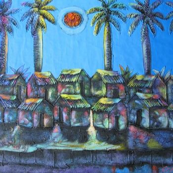 Painting titled "VILLAGE BLEU" by Jose Espinal, Original Artwork, Oil