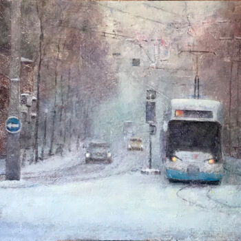 Painting titled "Zurich tranvía en l…" by Jose Gil, Original Artwork, Oil Mounted on Wood Panel