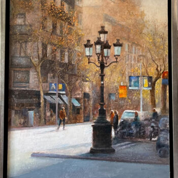 Painting titled "Paseo de Gracia Bar…" by Jose Gil, Original Artwork, Oil Mounted on Wood Stretcher frame