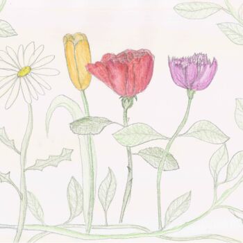 Drawing titled "Flores variadas y h…" by José González Marsal, Original Artwork, Pencil