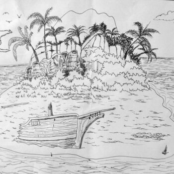 Zeichnungen mit dem Titel "Ilha do navio naufr…" von Jose Luis, Original-Kunstwerk, Kugelschreiber