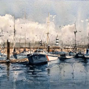 Painting titled "Marina Boats" by José Manuel Ferreira, Original Artwork, Watercolor