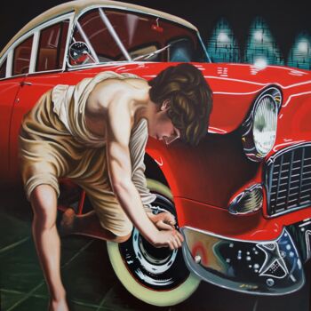 Malerei mit dem Titel "David at the garage" von Jose Ramon Muro Pereg (JRMuro), Original-Kunstwerk, Öl