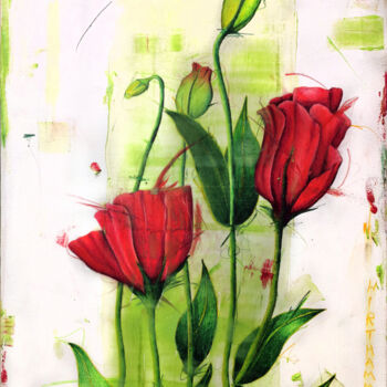 Dessin intitulée "red happy flowers" par Josef Hirthammer, Œuvre d'art originale, Conté