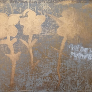 Painting titled "golden flowers" by Josef Hirthammer, Original Artwork, Graphite Mounted on Wood Panel