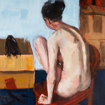 Painting titled "Vrouw met kraai" by Jos Eijken, Original Artwork, Oil Mounted on Wood Stretcher frame