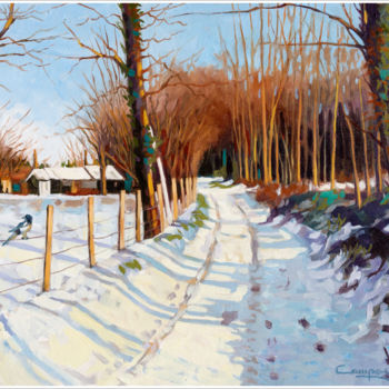 Pintura intitulada ""Urraca en la Nieve"" por Jose Luis Santamaria Campos, Obras de arte originais, Óleo