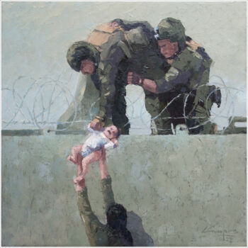 Schilderij getiteld ""Rescate en Kabul"" door Jose Luis Santamaria Campos, Origineel Kunstwerk, Acryl Gemonteerd op Frame vo…