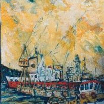 Картина под названием "Port de Barcelona II" - Josep Lluís Benet Vidal, Подлинное произведение искусства