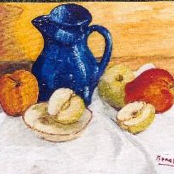 Pintura titulada "Gerro blau amb pomes" por Josep Lluís Benet Vidal, Obra de arte original