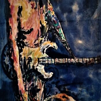 Painting titled "WHITE MASK BLUES" by Joseph Urie, Original Artwork, Watercolor