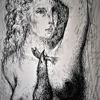 WOMAN with BIRD/FISH-INK STUDY.