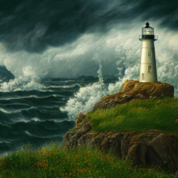 Arts numériques intitulée "Stormy Lighthouse" par Josephine Estelle, Œuvre d'art originale, Peinture numérique