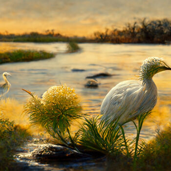 Arts numériques intitulée "Floral Egret" par Josephine Estelle, Œuvre d'art originale, Peinture numérique