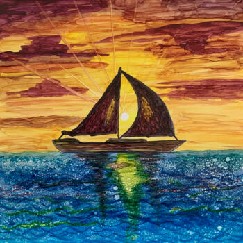 Digital Arts titled "Sunset Sailboat" by Josephine Estelle, Original Artwork, Digital Print