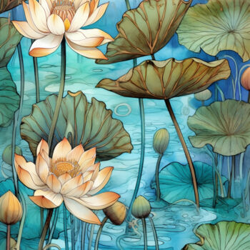 Digital Arts titled "Water Lilies _3" by Josephine Estelle, Original Artwork, Digital Painting