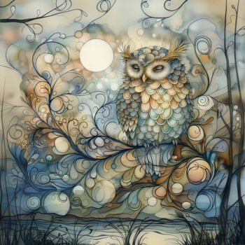 Цифровое искусство под названием "Whimsical Owl" - Josephine Estelle, Подлинное произведение искусства, Цифровая живопись
