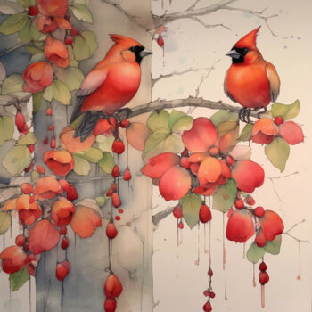Digital Arts titled "Cardinals In Tree" by Josephine Estelle, Original Artwork, Digital Painting
