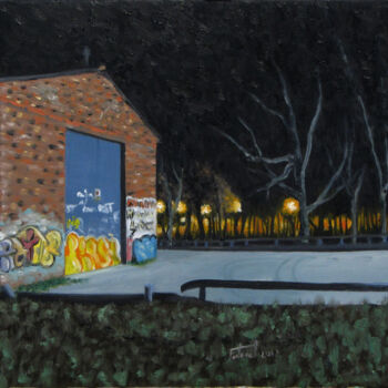 Pintura titulada "De nit vora el parc" por Josep Maria Fontanet Sureda, Obra de arte original, Oleo Montado en Bastidor de c…