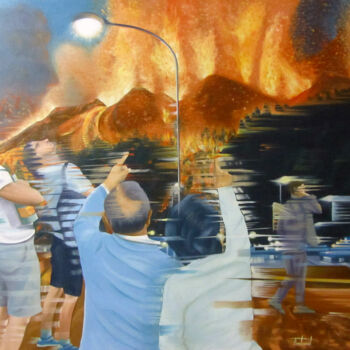 Peinture intitulée "Sorpresos pel volcà…" par Josep Maria Fontanet Sureda, Œuvre d'art originale, Huile Monté sur Châssis en…