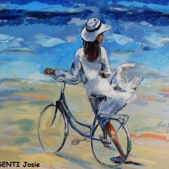 Painting titled "Jane à bicyclette" by Josette Karsenti (josie), Original Artwork, Oil Mounted on Wood Stretcher frame
