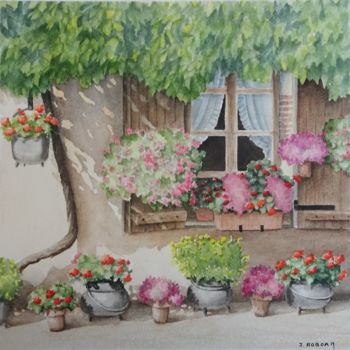 Peinture intitulée "la Fenêtre fleurie" par Josette Roboam, Œuvre d'art originale, Aquarelle Monté sur Autre panneau rigide