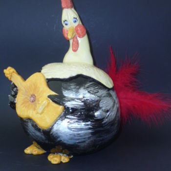 Sculpture titled "poulet musicien" by Josi Rica, Original Artwork, Terra cotta