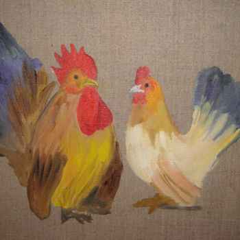 Painting titled "coq et poule 1" by Josiane Leroy, Original Artwork, Other