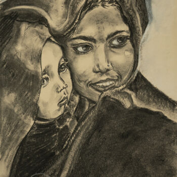 Drawing titled "Mother and child In…" by Josine Jansen, Original Artwork, Charcoal