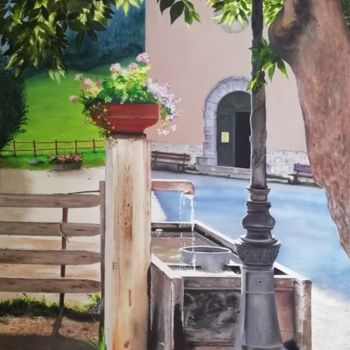 Painting titled "La fontaine" by Patrick Josse, Original Artwork, Oil Mounted on Wood Stretcher frame