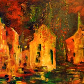 Peinture intitulée "La nuit sur la ville" par Josy Moreau-Peter, Œuvre d'art originale, Huile