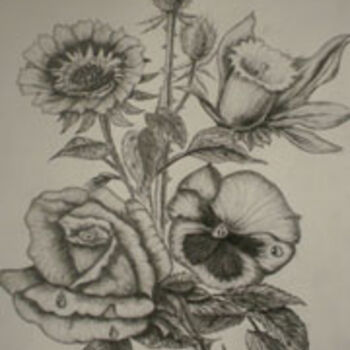 Dibujo titulada "Composition florale" por Josette Bourgeois, Obra de arte original