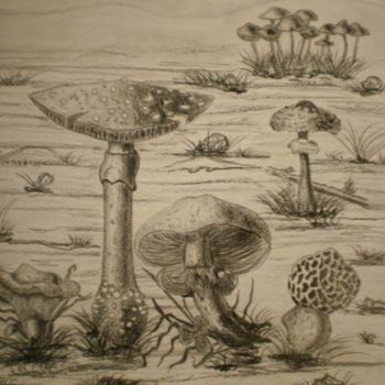 Tekening getiteld "Les champignons" door Josette Bourgeois, Origineel Kunstwerk