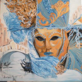 Peinture intitulée "Masque bleu/or (2)…" par Josette Bourgeois, Œuvre d'art originale, Huile