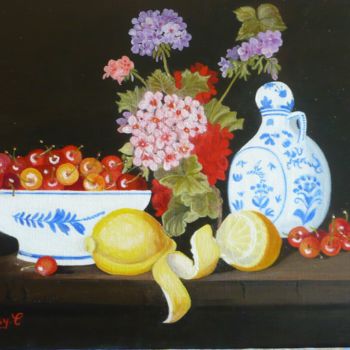 Painting titled "nature morte cerise…" by Josy Chatain, Original Artwork